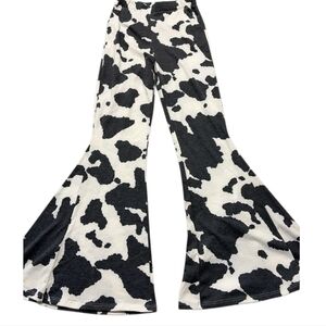 Cow Print Flared High Waisted Pants Western Boho Stretchy Bell Bottom